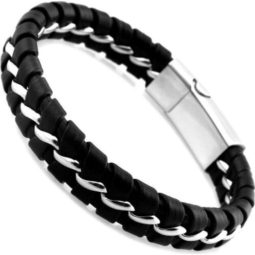 HOT Unique Designer 316L Stainless Steel Bracelets & Bangles Mens Gift Black Leather Knitted Magnetic Clasp Bracelet Men Jewelry