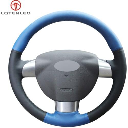LQTENLEO Blue Black Leather DIY Hand-stitched Car Steering Wheel Cover For Ford Focus 2 2005-2011(3-Spoke)