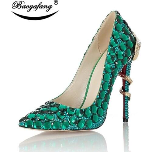 BaoYaFang 2018 New arrive Pointed Toe Green Wedding shoes Bride fashion Party Heels Pumps Woman Thin Heel snake fashion shoes