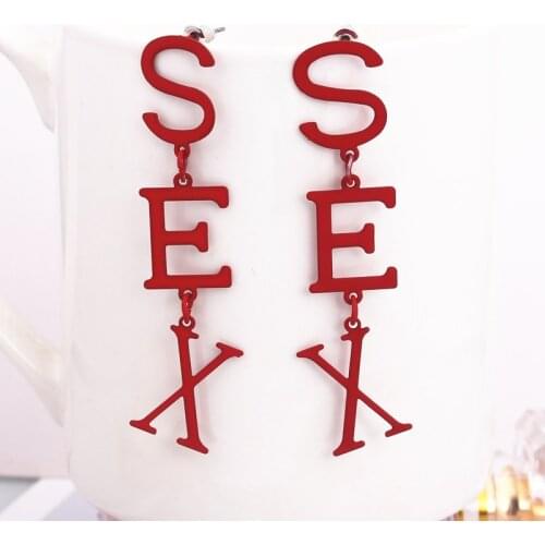 New Fashion English Letter SEX Long Drop Earring Black Green Red Color Spray Metal Exaggerated Party Jewelry Gift Drop Shipping