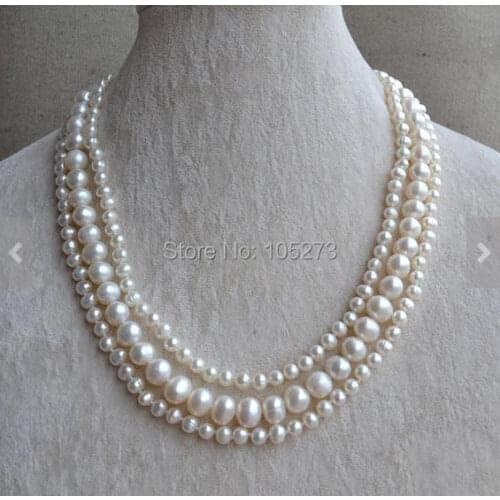 New Arriver Wedding Party Jewelry White Pearl Jewelry 5.5-9mm 3 Rows 17-19 Inches Freshwater Pearl Necklace Free Shipping