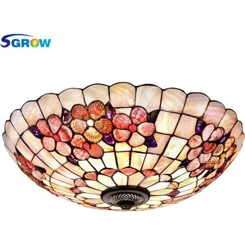 SGROW European Red Shell Ceiling Light for Bedroom Living Room Art Round Light Fixture with E27 Bulb Lampara Peony Ceiling Lamps