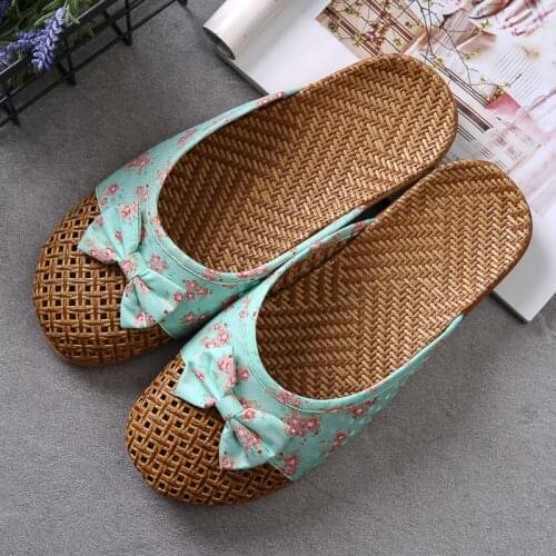 2021 Women Flax Slippers Summer Casual Slides Beach Shoes Ladies Indoor Shoes Home Linen Slippers Floral bow-knot Flip Flops