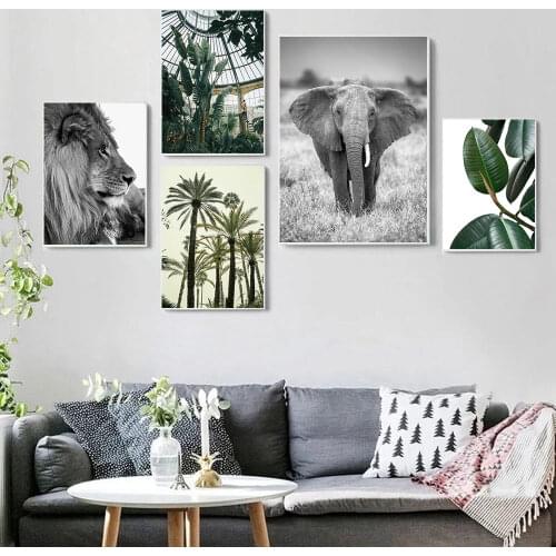 Tropical Banana Tree Plants Leaf Wall Art Canvas Painting Black And White Lion Elephant Print Poster Nordic Pictures Home Decor