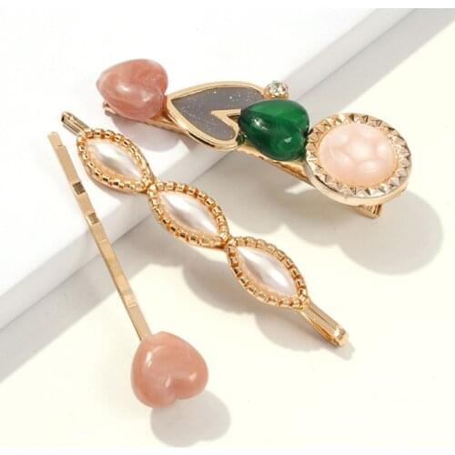 3Pcs/Set Women Fresh Style Alloy Hairpin Candy Color Resin Heart Stone Hair Clip Faux Pearl Jewelry Side Bangs Hair Accessories