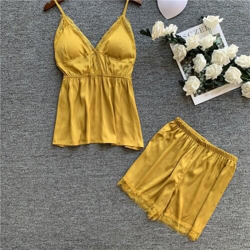 Imitation Silk Women Pajamas Sexy Sling Shorts Suit Sleepwear With Chest Pad V Neck Pyjamas