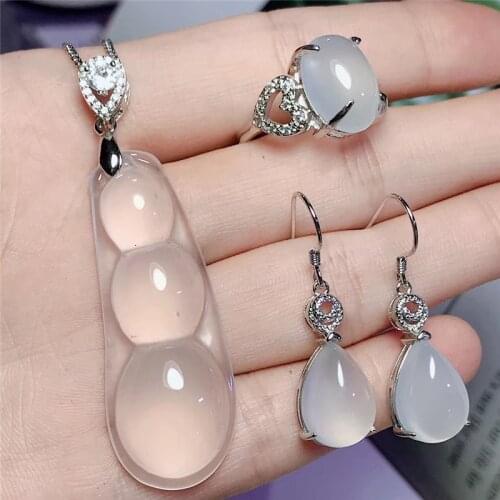 Jadery Classic 925 Sterling Silver Necklace/Earrings/Ring For Women Lady Natural White Chalcedony Jade Jewelry Sets Gifts 2019