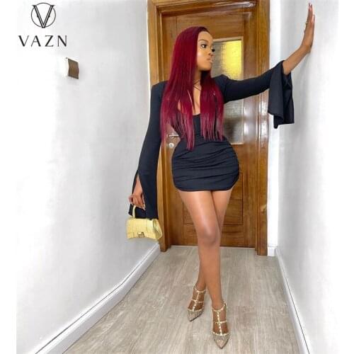 VAZN 2021 women spring sexy club party style short dresses long sleeve strapless dresses pure color dew back mini short dress