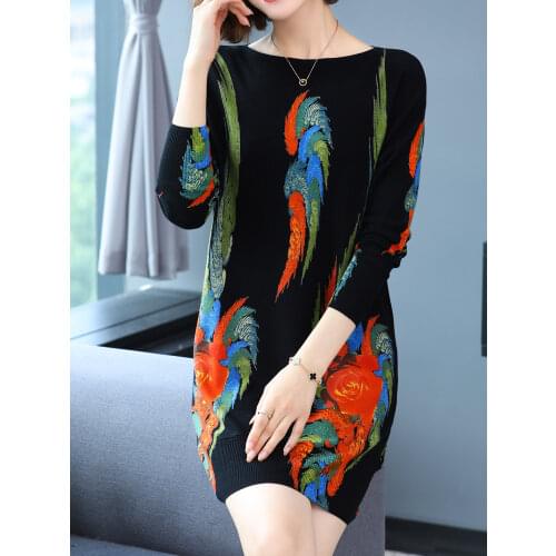 Print Long Sweaters Dress Autumn Spring Womens Clothing Long Sleeve Top Femme Pullover Plus Size Elasticity Sweater Women