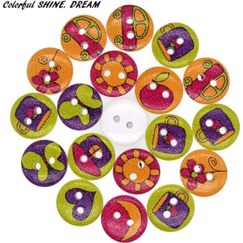 50PCs Wholesale Natural Wooden B\uttons Round Cartoon Mixed Design Scrapbooking Sewing Accessories DIY Craft 2 Holes 15mm Dia