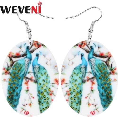 WEVENI Acrylic Oval Blue Peafowl Peacock Earrings Print Long Feather Bird Animal Dangle Drop Jewelry For Women Girls Charm Gift