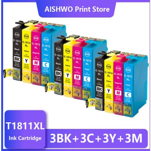 ASW 12Pcs For EPSON T1811-T1814 Ink Cartridge XP212 XP215 XP225 XP312 XP315 XP412 XP415 XP202 XP205 XP302 XP305 XP402 XP405
