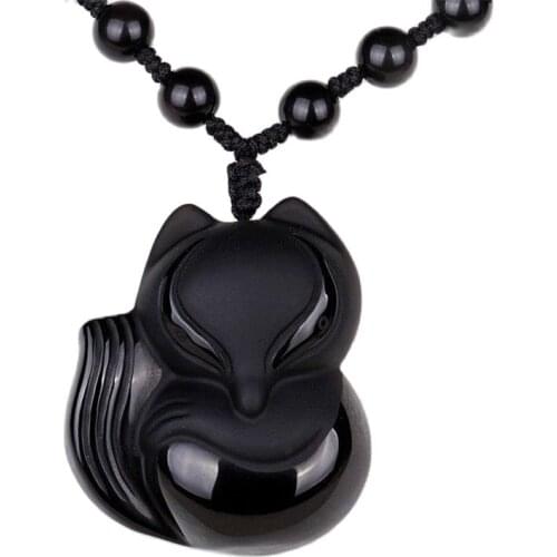 Black 100% Natural A Obsidian Carved fox Pendant Giving black rope fox