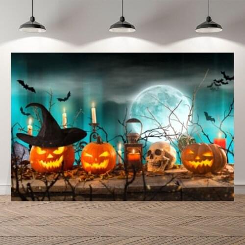 Neoback Halloween Party Light Candle Pumpkin Moon Spooky Bat Photography Background Photographic Backdrop For Photo Studio Shoot