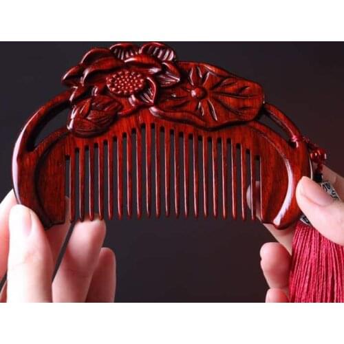 Lotus red sandalwood permanent knot concentric comb carving hand decorated giftcomb Festival birthday antique commemorative comb