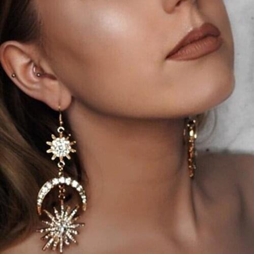 Crystal Rhinestone Sun Moon Stars Drop Earrings For Women Punk Earrings Golden Boho Vintage Statement Earrings
