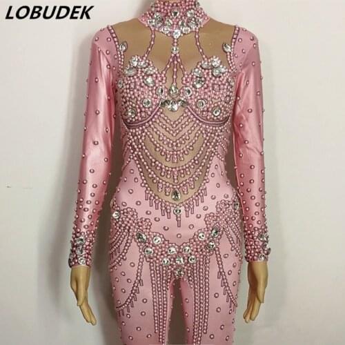 Pink Pearl Crystals Jumpsuit Bling Glass Diamond Skinny Elastic Bodysuit Bar Female Singer Stage Costume Birthday Party costumes