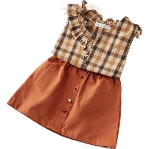Summer Fashion Kids Clothing Set Printed Plaid Shirt With Short Skirt Girl 2pcs Outfits For Toddler Girl Kids Casual Clothes