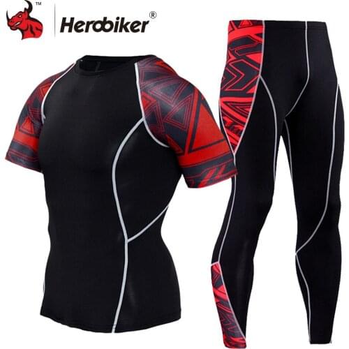 HEROBIKER Summer Compression Sport Suit Men Sportswear Motorcycle Jacket Short Sleeve Running T Shirt Sports Suits Jogging Sets