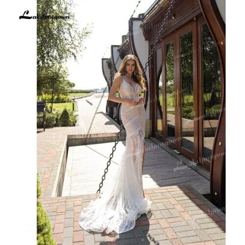 Illusion Lace Sheath Wedding Dresses Low V-Neck Removable Flare Sleeve Side Split Spaghetti Straps Sweep/Brush Train Bride Gowns