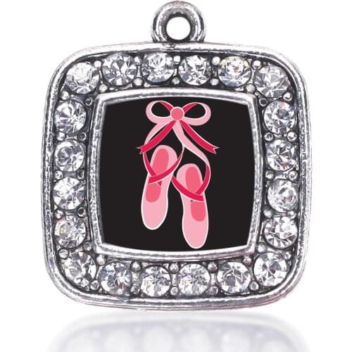 BALLERINA SLIPPERS SQUARE CHARM ANTIQUE SILVER PLATED CRYSTAL JEWELRY