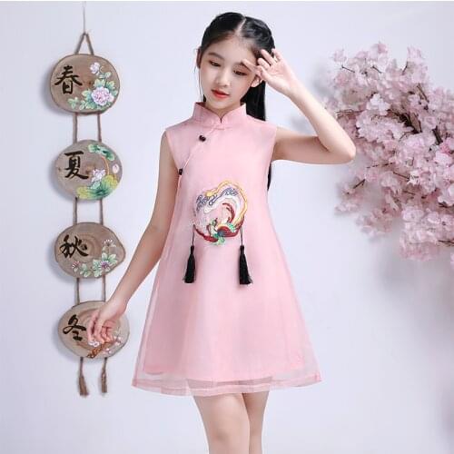 Girls Summer solid Sleeveless chiffon cheongsam Dress Cute Princess Girls Embroidery Dresses Kids Party Evening Wedding Dress