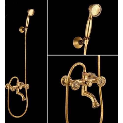 Bath Bathtub Faucets Set Hot & Cold Mixer Taps Antique Brass Carved Dual Handle Bathtub Faucet With Handheld Shower Wall Mounted