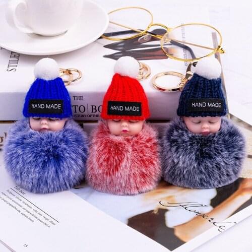 New Pompom sleeping baby keychain cute fluffy Plush doll Keychains Women Girl Bag keyrings Cars Key ring Jewelry Gift porte cl