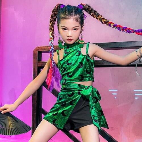 Summer Girls Hip Hop Jazz Dancing Clothes Fashion Green Velvet Outift Street Dance Practice Wear Catwalk Show Costume YS2162