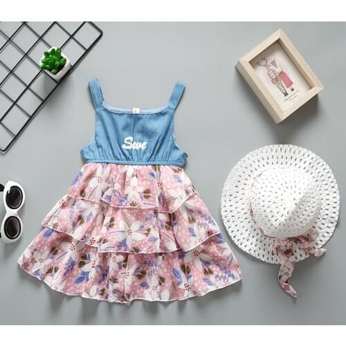 Summer girls dress new children fashion dresses for baby girls sleeveless casual beach dress +hat clothing kids cute outfits