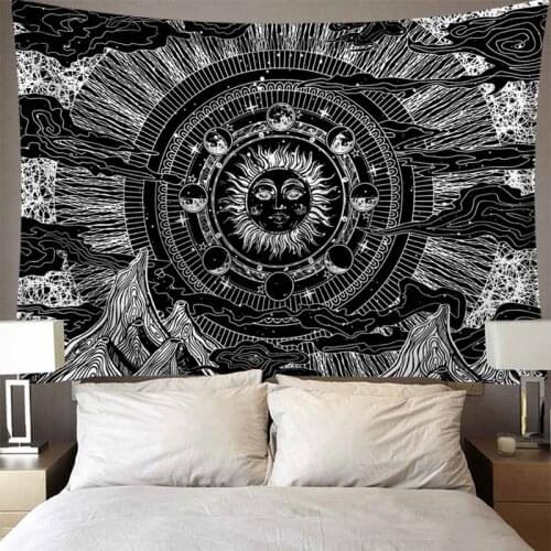 Psychedelic Space Mountain Tapestry Wall Hanging Retro Black White Thin Wall Art Cloth Sun and Moon Hippie Tapestry Wall Carpets