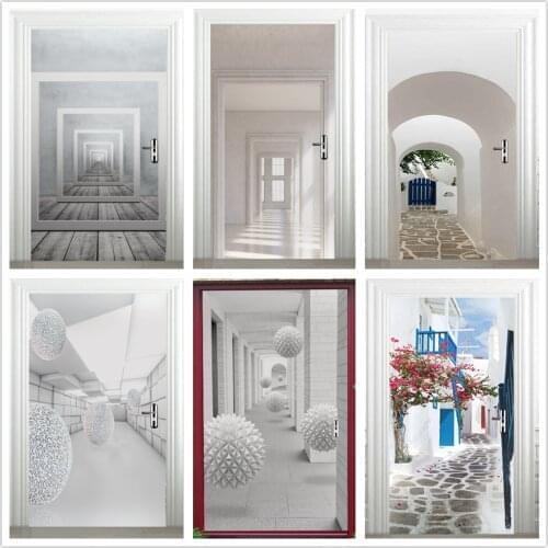 Self Adhesive Door Sticker White Gray Space Wallpaper 3D Nordic Style Living Room Bedroom Door Art Mural Sticker Wall Decals