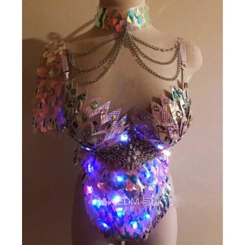 Sexy Nightclub bar Led fish scale mermaid bra top marine rave led bra bar luminous costume