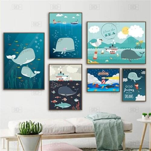 Nordic Cartoon Whale Art Canvas Painting Poster Blue Ocean Print Wall Painting Picture for Baby Bedroom Nursery Home Decor Al114