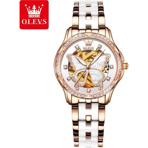 OLEVS Ladies Watch 2021 Diamond Luxury Design Ceramic Hollow Waterproof Montre Femme Automatic Mechanical Relojes Para Mujer