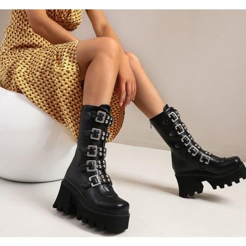 DoraTasia Brand New Motorcycle Boots Women Platform Chunky High Heels Rivet Buckle Womens Boots 2021 Fashio Punk Woman Shoes