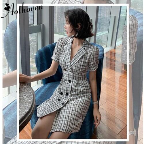 2019 Summer Women OL Work Office Dress Notched Collar Short Sleeve Plaid Dress Bodycon Wrap Dress Party Elegant Women Dresses
