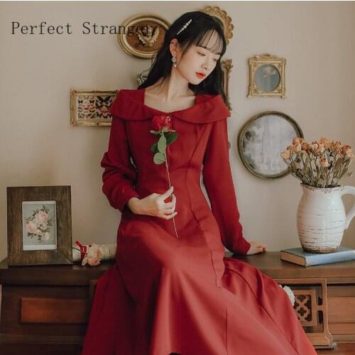 2021 Autumn New Arrival High Quality Vintage Long Sleeve Peter Pan Collar Collect Waist Women Long Dress