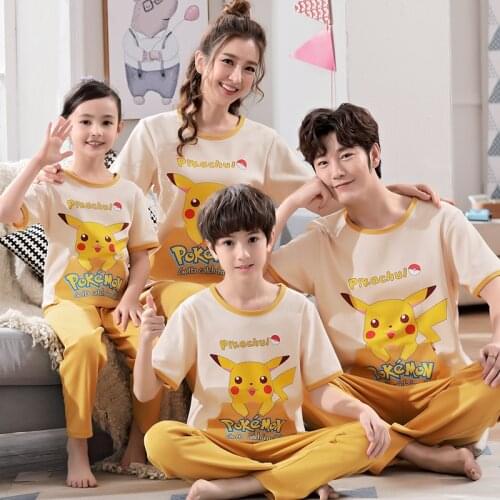 2021 Pokemen Cartoon Parent-Child Pajamas For Boys Girls Children Pure Cotton Spring Summer Home Wear Long Pants Kids Clothes
