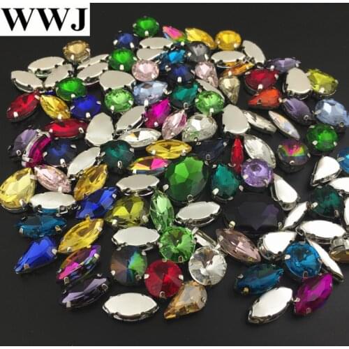 50pcs Mix colors sizes shapes Sew On Stones Sewing Glass Crystal Beads with silver-claw setting For jewelry,dress decoration