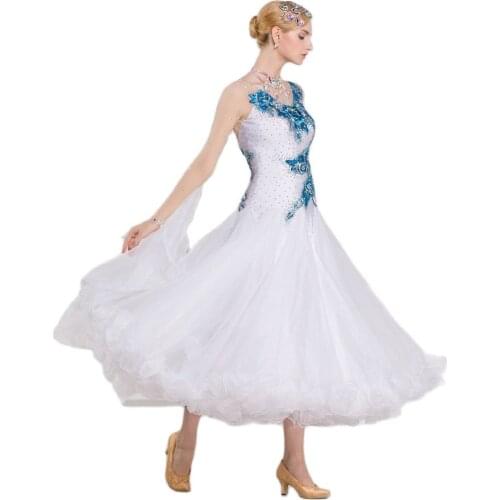 B-16206 Tailor made waltz dress white competition dance dress ballroom white elegant mesh long sleeves for ladies