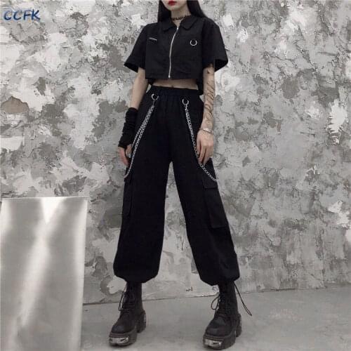 Gothic Cargo Pants Sets Female Summer Short-sleeved Shirt High Waist Joggers Trousers Punk Hip Hop Overalls Two-piece E-girl Alt