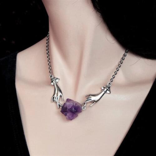 Witch Chain Necklace Hand Necklace Jewelry Magic Hand Druzy Purple Crystal Stone Fashion Jewelry Gift Female
