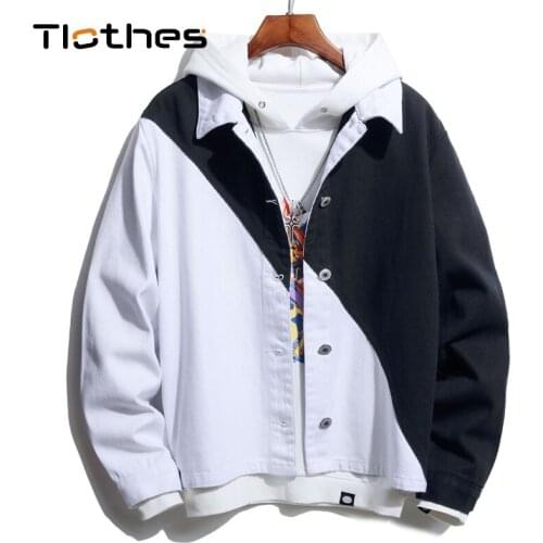 Denim Jacket Mens Clothing Black White Oblique Patchwork Jeans Jacket Long Sleeve Jeans Shirts Mens Cowboy Clothes Leisure