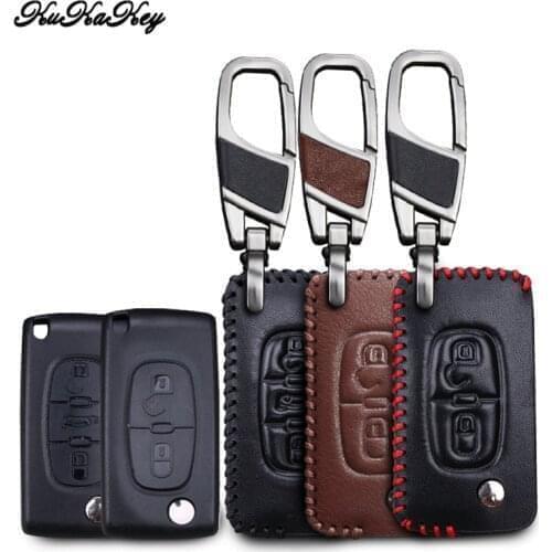 Leather Car Key Case Cover with Car Keychain Holder for Peugeot 107 207 307 308 407 607 807 for Citroen C2 C3 C4 C5 C6 C4L