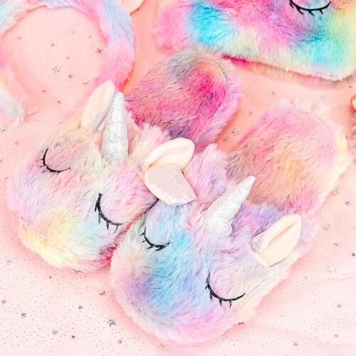 Cute Multicolor Fur Unicorn Slippers for Girls Comfortable Non-Skid Cozy Soft House Rainbow Color Women Fuzzy Slippers Onesize