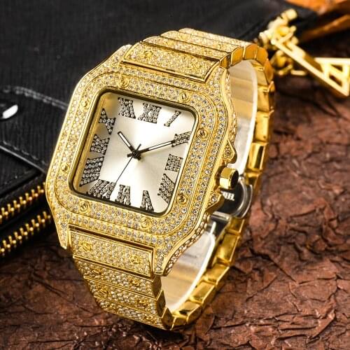 MISSFOX New Arrival Mens Watches Stylish Simple Square Brand Top Male Gold Wrist Watch Hot Ar High Quality Full Diamond Watch