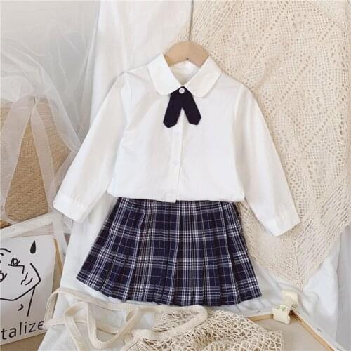 Fashion Korean Little Girls Clothing Set White Long Sleeve Cardigan Blouse&plaid Pleated Skirt Cute School Uniform Kids Outfits