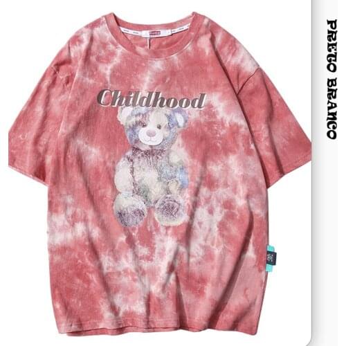 PRETO BRANCO Japanese Bear Printing Tide Brand Short Sleeve T-shirt High Street Loose Old Tie Dye T-shirt Half Sleeve Man