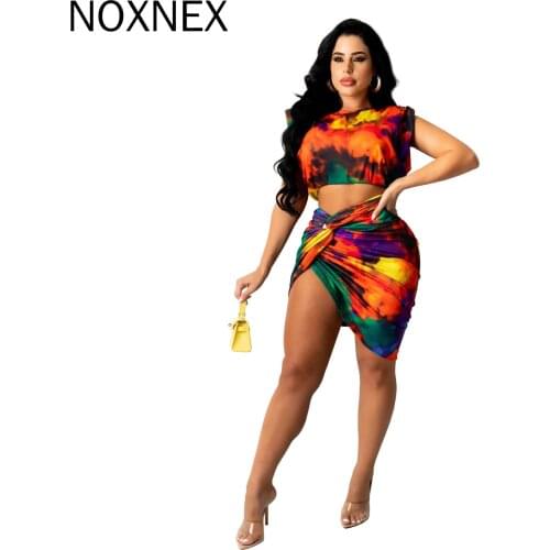 NOXNEX 2021 Summer Sexy Two Pieces Sets Tie Dye Sleeveless Women Crop Tops And Irregular Skirts 2 Pieces Suits Lady Sets